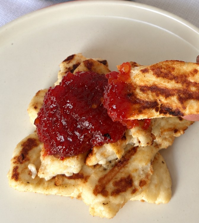 Grilled halloumi with a spoonful of Tatashe