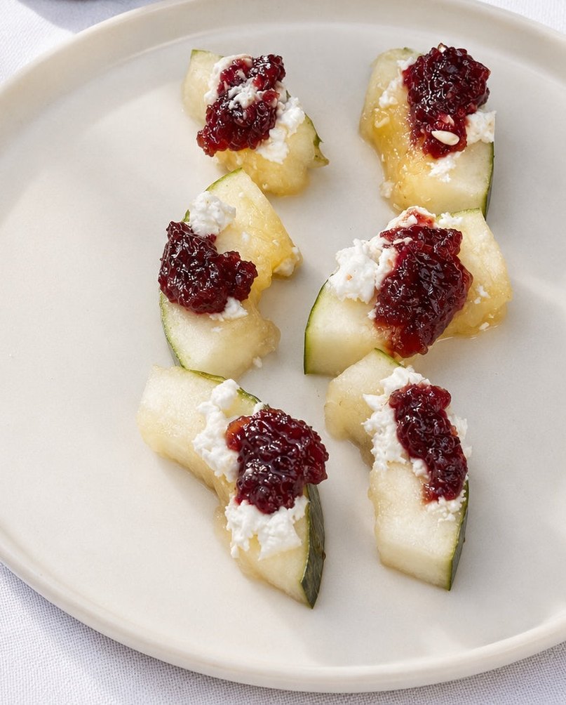Melon wedges with crumbled feta and Zobo