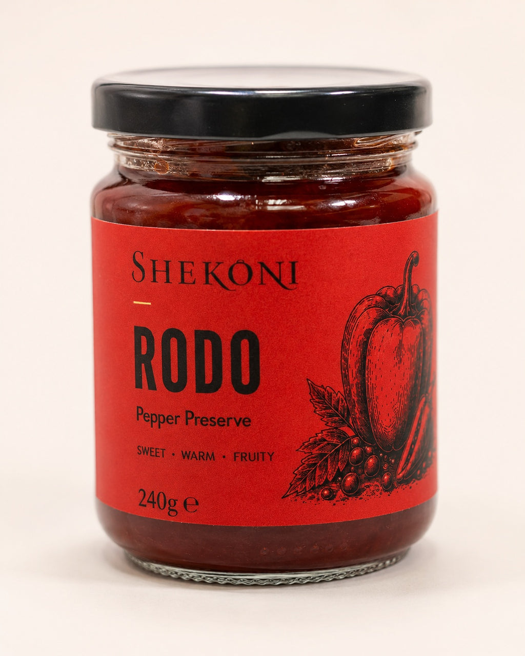 Shekoni sweet red pepper preserve, close view of the jar and label