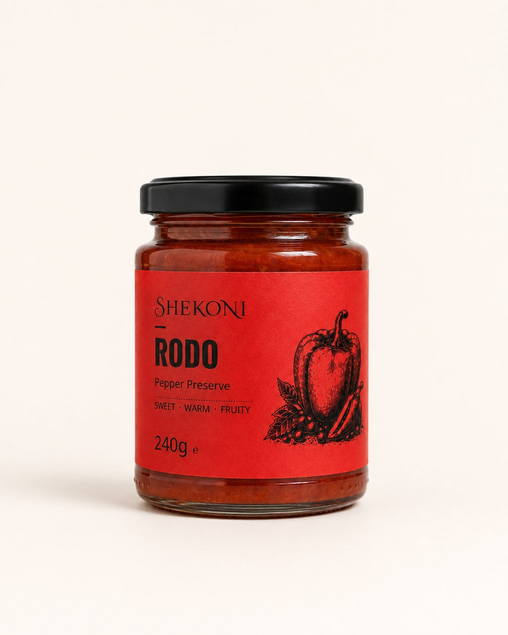 Shekoni sweet red pepper preserve jar, front label