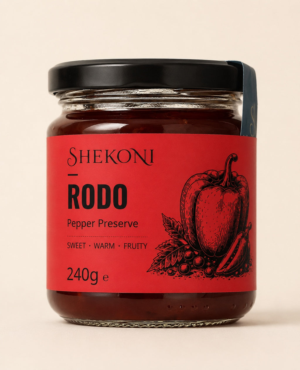 Shekoni sweet red pepper preserve jar with the Shekoni tamper seal