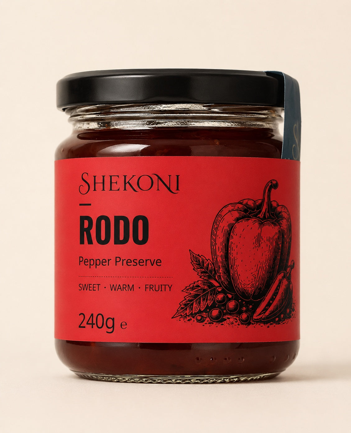 Shekoni sweet red pepper preserve jar with the Shekoni tamper seal