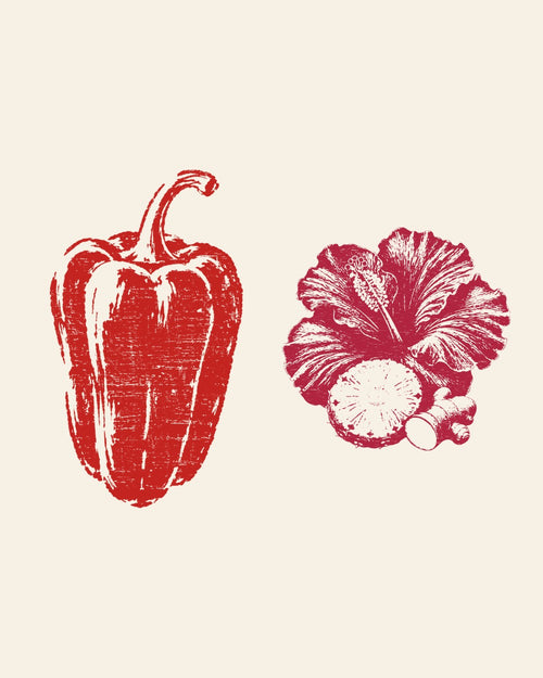 Woodblock prints of a red pepper and a hibiscus flower with pineapple