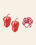 Woodblock prints of two red peppers and a hibiscus flower with pineapple