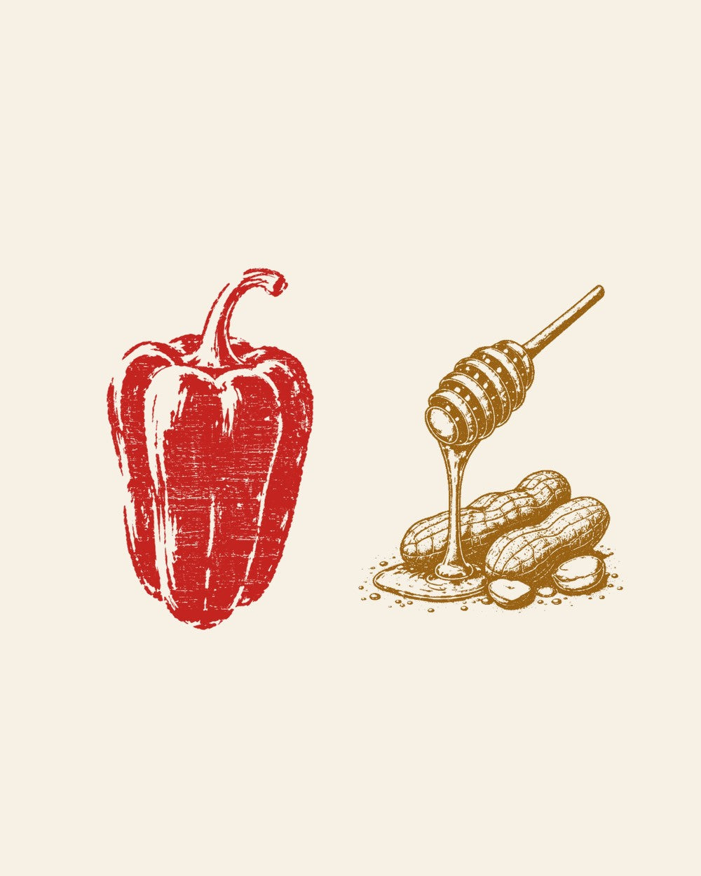 Woodblock prints of a red pepper and a honey dipper with peanuts
