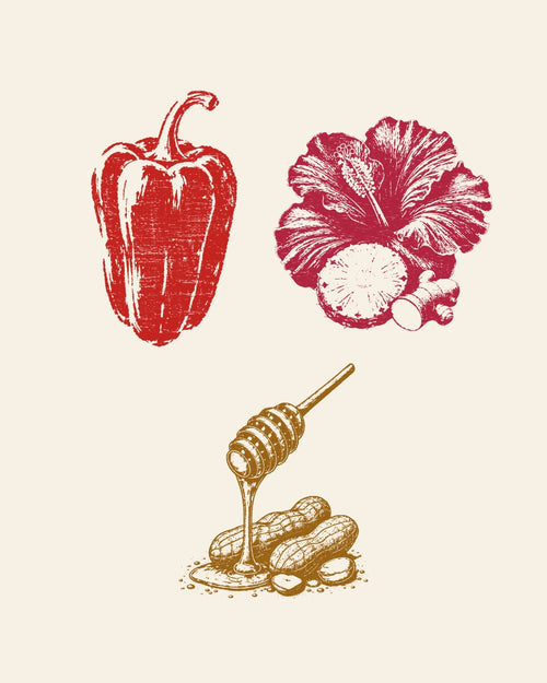 Woodblock prints of a red pepper, a hibiscus flower and a honey dipper