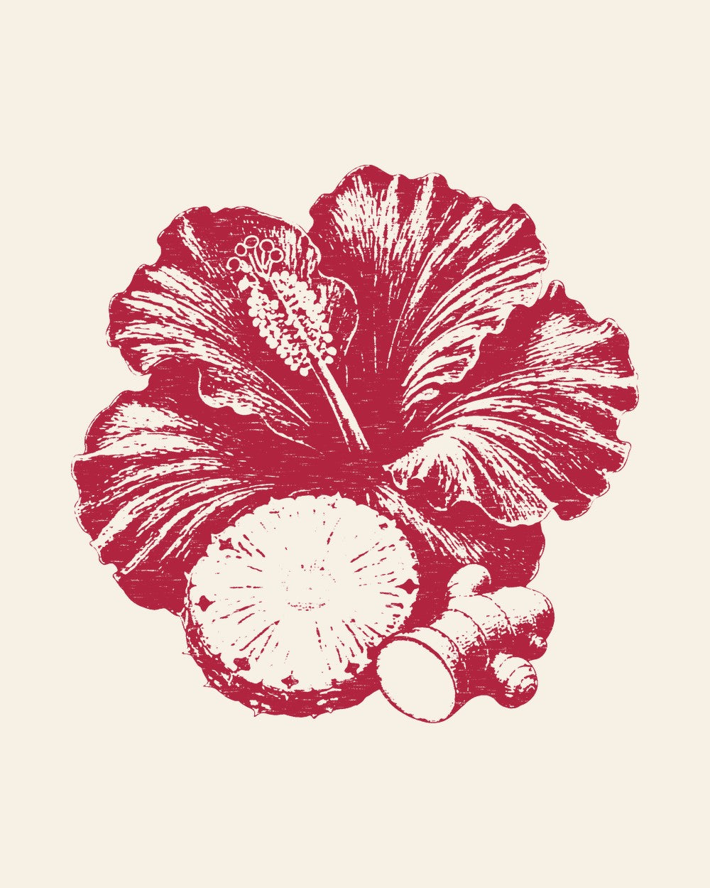 Woodblock print of hibiscus, pineapple and ginger