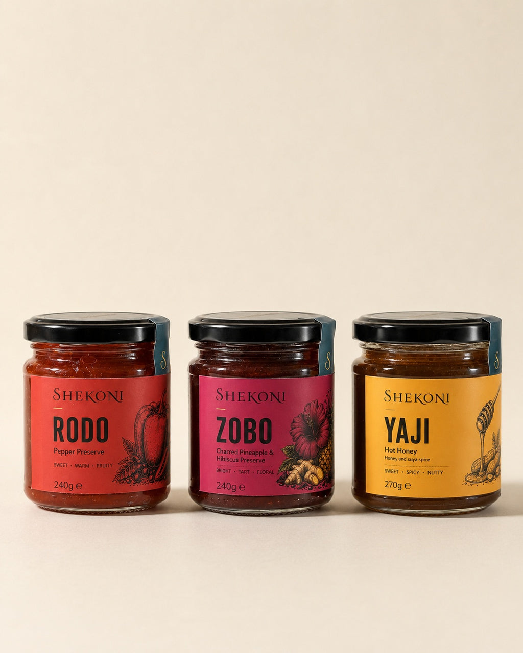 Rodo, Zobo and Yaji jars lined up