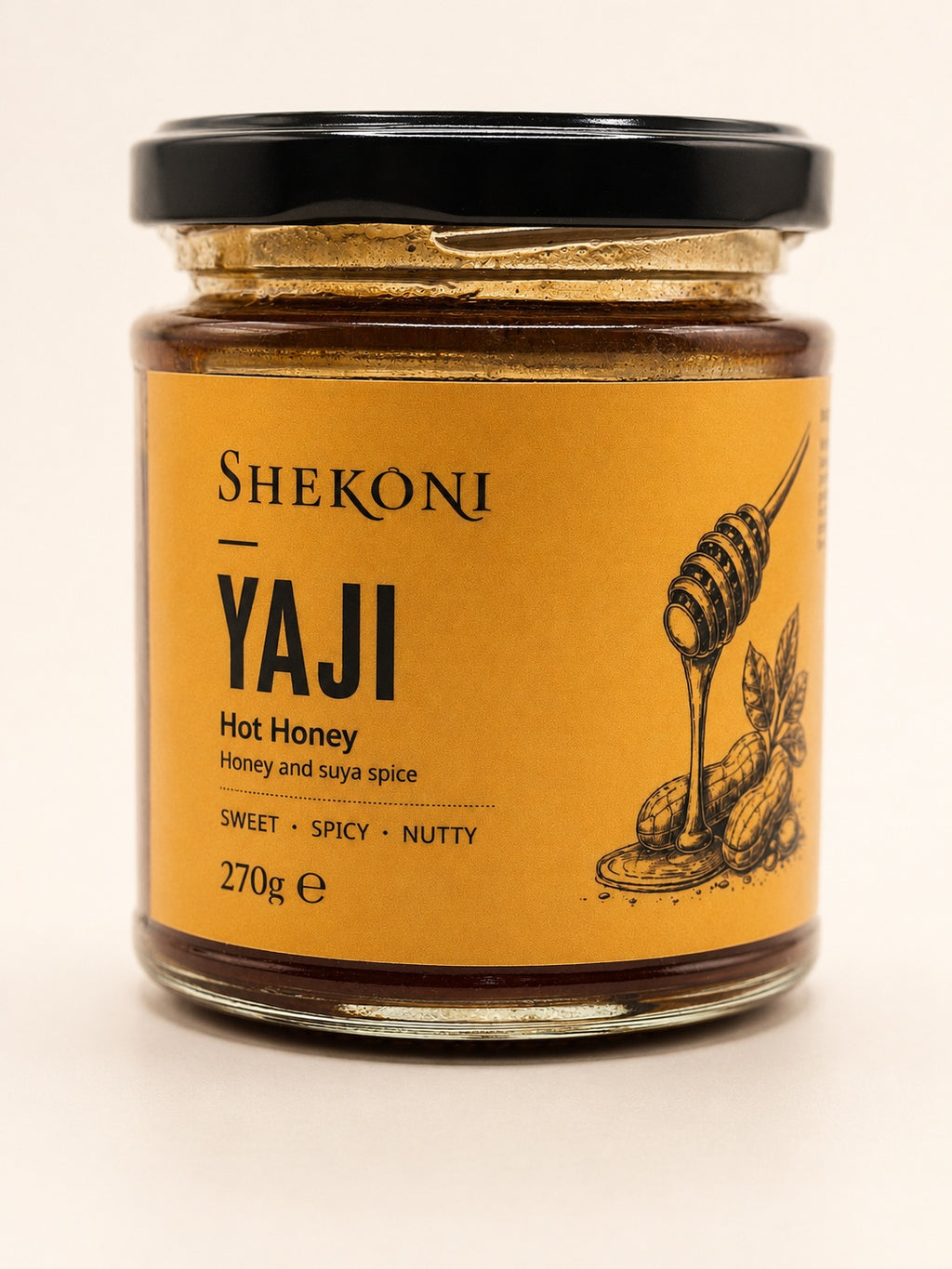 Yaji hot honey, close view of the 270g jar and label