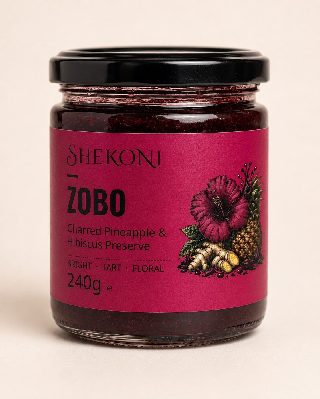 Zobo charred pineapple and hibiscus preserve, close view of the 240g jar and label