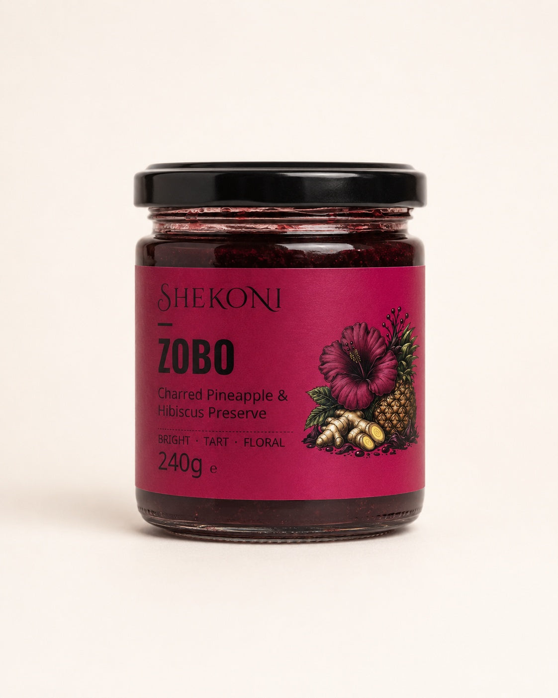 Zobo charred pineapple and hibiscus preserve, 240g jar, front label